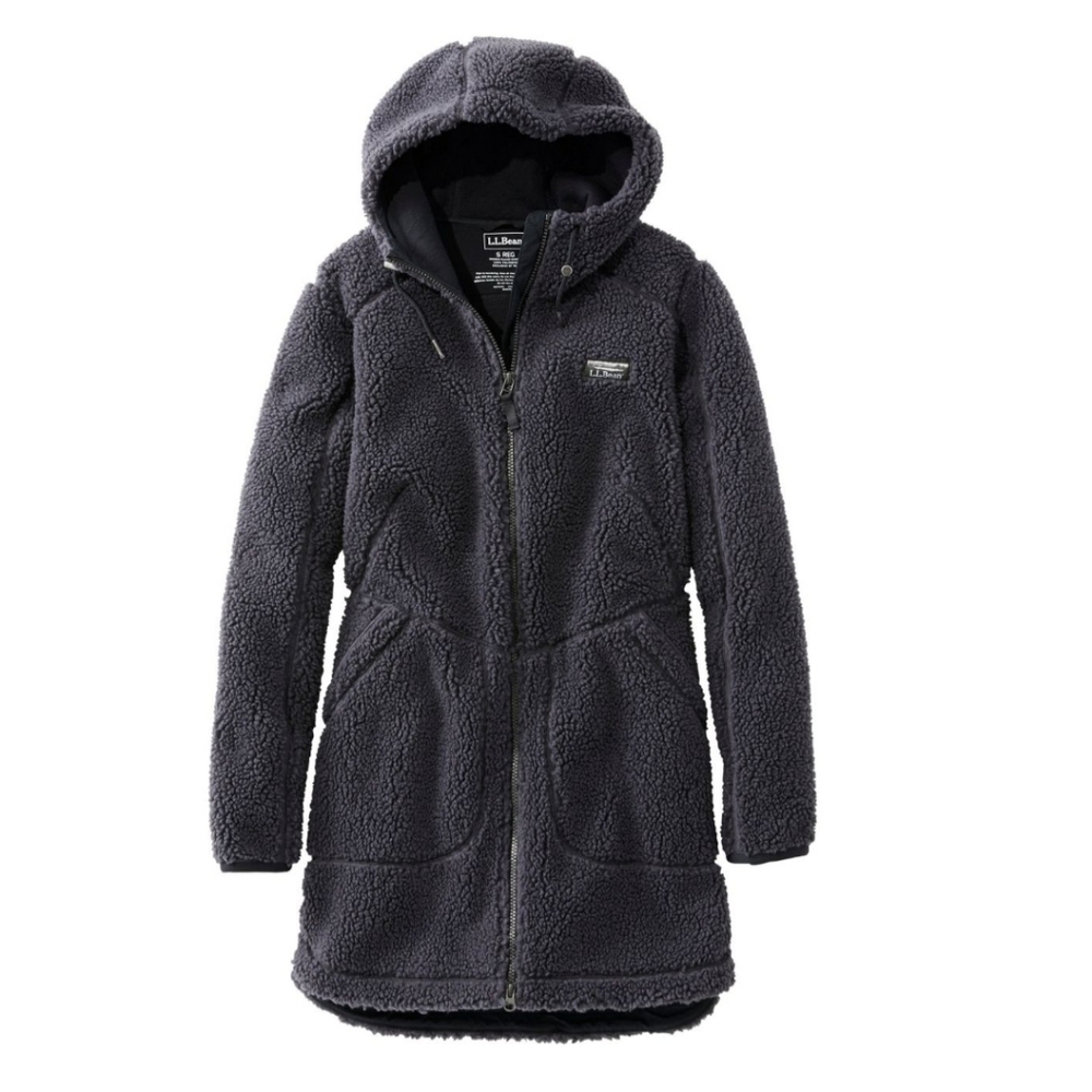 L.L. Bean Women's Hooded Mountain Pile Fleece Sherpa Coat - Charcoal